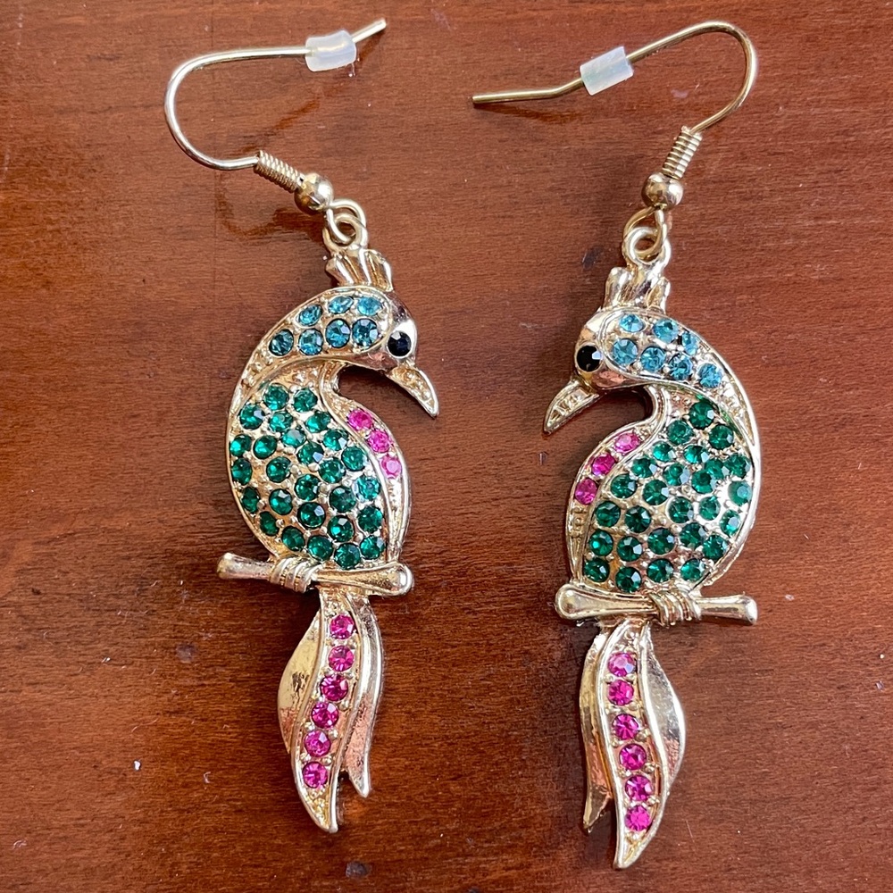 Gold Parrot Drop Earrings with Green and Pink Crystals